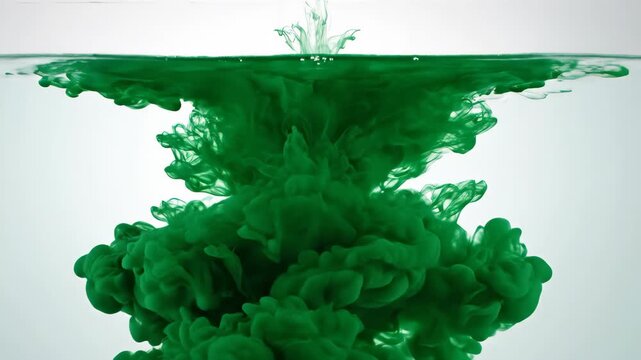 Green Ink Droplet Dissolving in Clear Water Abstract Motion.