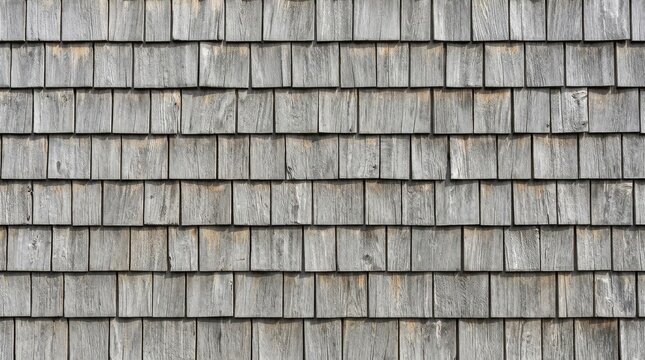 Weathered cedar wood shingles texture, rustic gray wooden shake siding background, aged timber roof tiles for architectural design