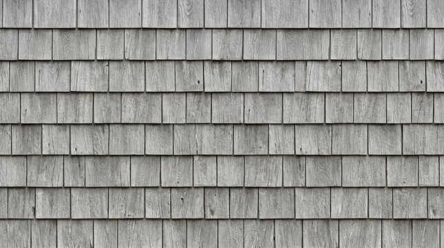 Weathered cedar shingle siding texture, rustic grey wood shake wall background, aged timber roof tiles for architectural visualization