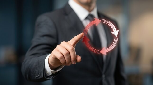 Change management and process alignment represented by a businessman pointing to red circular arrow icons.