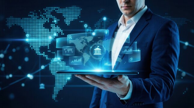 A professional businessman analyzing smart government systems and online administration data.