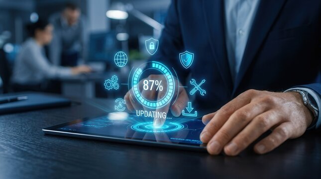 Technology upgrade concept featuring software updating progress bar and security icons.