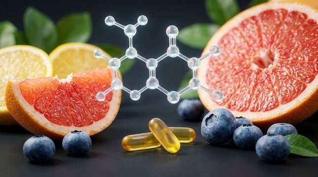 Immune system boosters concept featuring blueberries, citrus fruits, and molecular vitamin structures.
