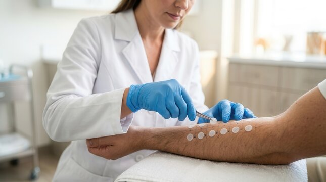 A clinician conducting a skin sensitivity test using adhesive patches in a medical clinic.