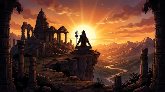 Majestic digital painting portrait of the Hindu deity Shiva, a divine god of spirituality and religion, meditating
