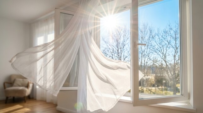 A view through an open window where the wind blows white curtains under bright sunlight.