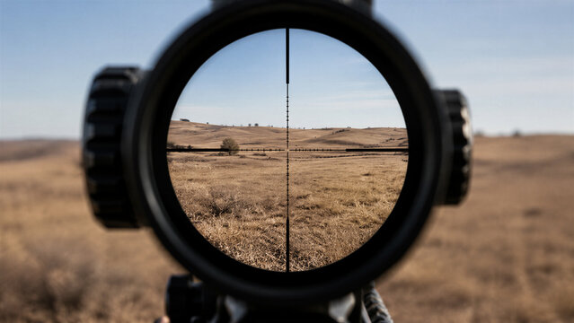 Rifle scope targeting distant dry landscape through crosshairs
