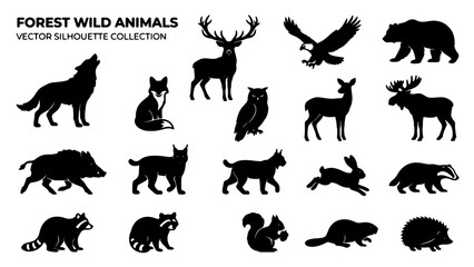 Obraz premium Forest Wild Animals Vector Silhouette Collection, Woodland Fauna Icons Set Isolated on White Background