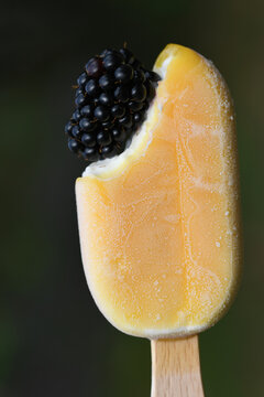 A close-up of a yellow popsicle with a bite taken out of it. A blackberry replaces the missing ice cream.