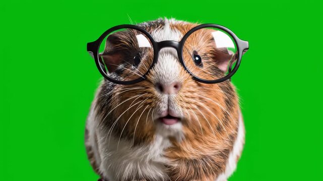 Funny Guinea Pig Wearing Glasses on Green Screen.