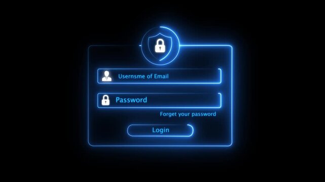 Glowing neon login page interface concept with username and password fields, futuristic cybersecurity shield padlock icon, account authentication system form UI loop motion graphics...