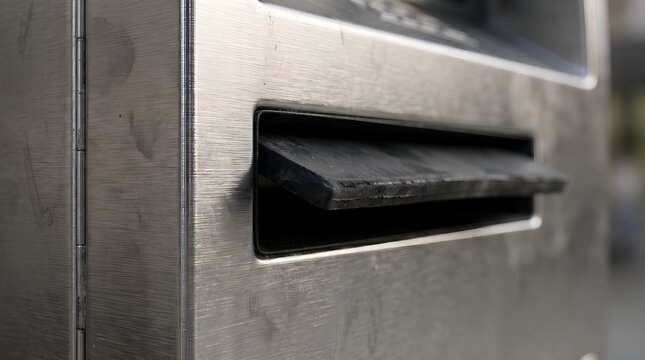 Close Up View of a Metal Mail Slot on an Urban Street Side Drop Box for Letters and Correspondence