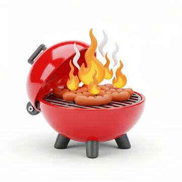 Red Grill With Sausages Cooking On Flames