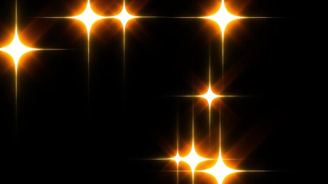 Twinkle light sparkle animation featuring orange glowing white stars, glitter dust trails, blinking cartoon vector effects, looping black background overlay for celebrations and motion graphics.