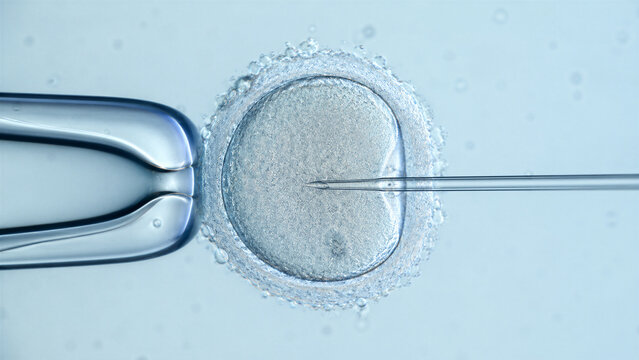 Human egg undergoing microinjection in laboratory dish