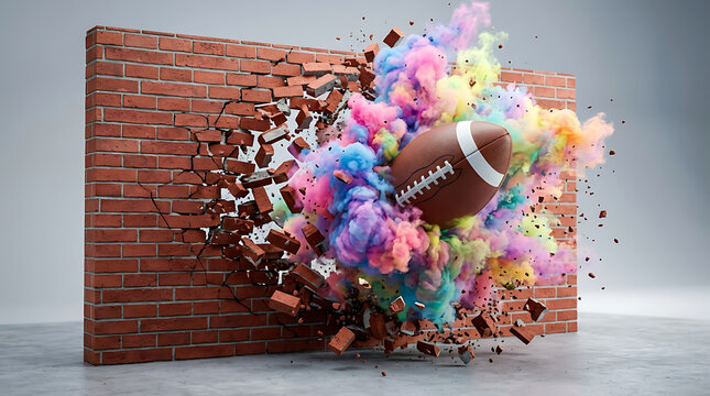 Colorful 3D confetti explosion on red brick wall. Vibrant digital celebration particles bursting with festive energy.