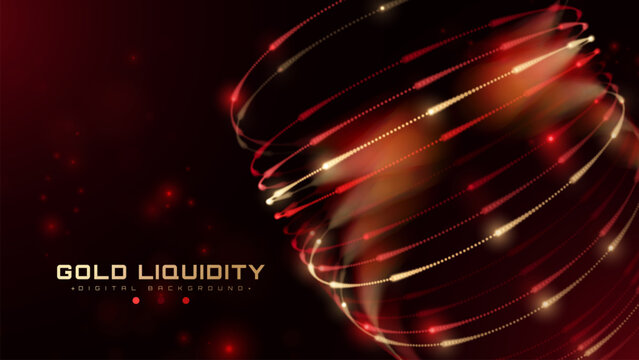 Dark Red With Golden Glow Dot Particle Spiral Line Abstract Background Shows Fast Digital Finance Gold Liquidity Wealth Growth Concept For Modern Global Trade Market.