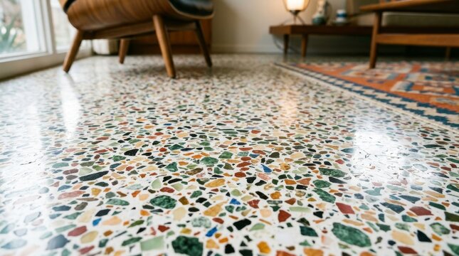 Mid-century modern terrazzo flooring with colorful stone chips, polished marble aggregate floor in retro living room, vintage interior design aesthetic