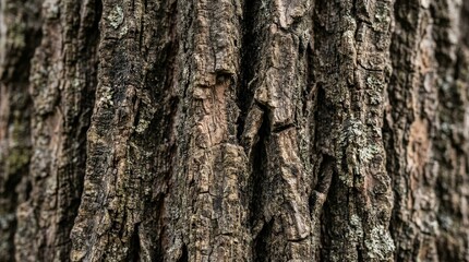 Obraz premium Rough tree bark texture close up, weathered brown wood surface with deep ridges, natural organic timber pattern for background use
