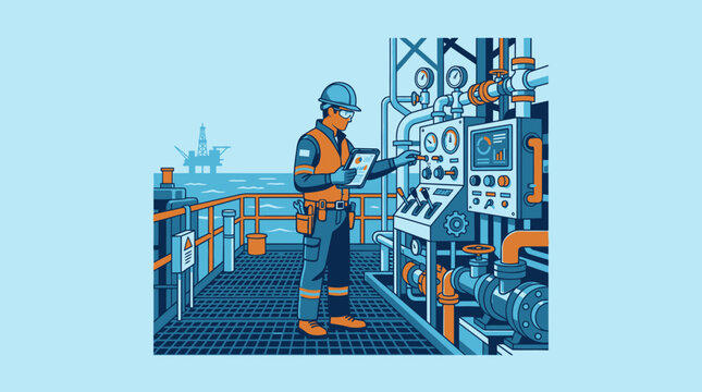 Oil rig worker in hard hat and vest checks control panel on offshore platform, industrial technology