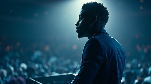 Man Speaking at Podium Before Large Audience
