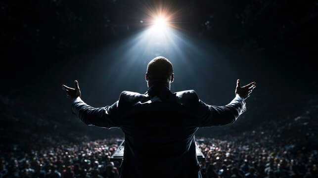 Man With Arms Raised Before Crowd Under Spotlight