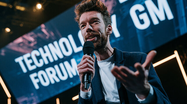 Male Speaker Presenting at Technology Forum Conference