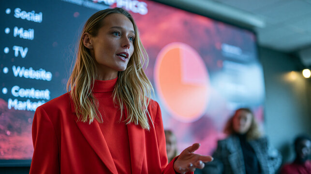 Woman Presenting Digital Marketing Strategy at Conference