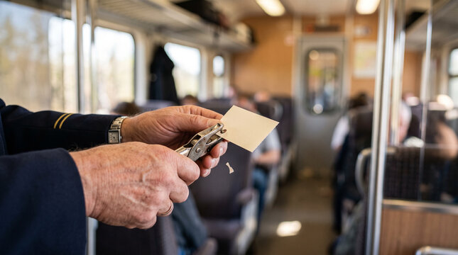 Train conductor's hands punching a paper ticket &mdash; railway transportation occupation concept.