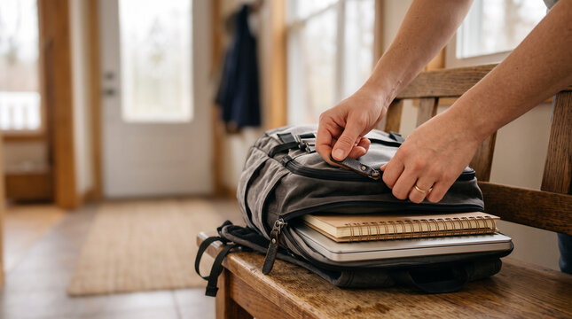 Hands packing a work backpack &mdash; morning routine and workday preparation concept.