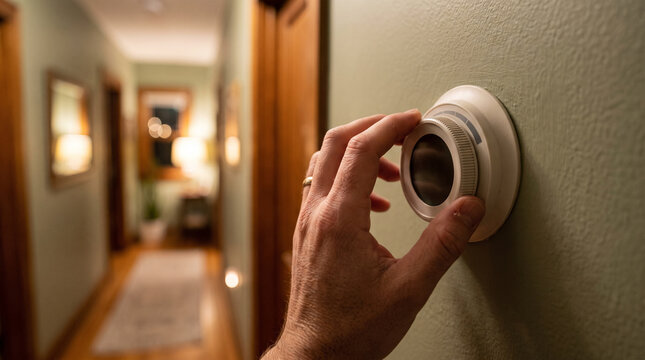 Hand adjusting the thermostat before bed &mdash; evening comfort routine and bedtime preparation concept.