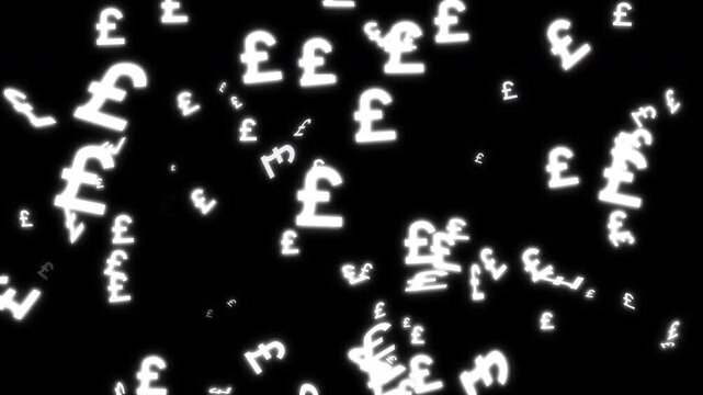 Glowing white pound sterling currency symbol rain animation on black background, british pound currency symbol motion graphics particle burst seamless loop, gbp money signs falling, 4k