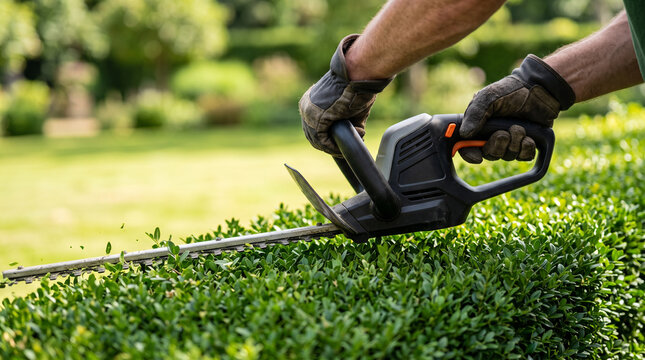 Professional landscaper's hands operating a hedge trimmer &mdash; landscaping and groundskeeping occupation concept