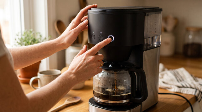 Hands brewing coffee with a drip coffee maker &mdash; everyday morning routine and home comfort concept.