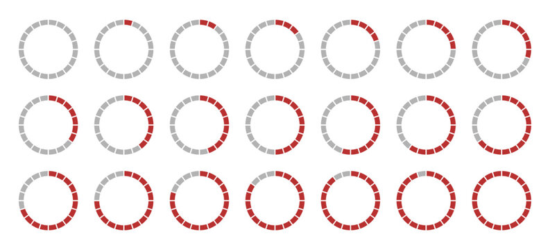Progress bars. Circle diagrams icon for infographics from 0 to 100 percent. Round percentage infographics. Template of gray red color fill pie charts indicator. Round graph loading progress.