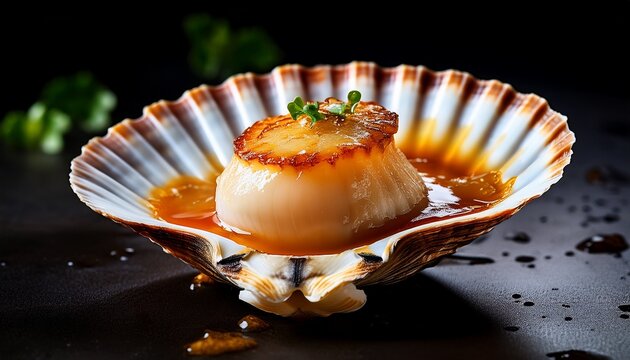 a single freshly opened scallop shell displays a succulent scallop