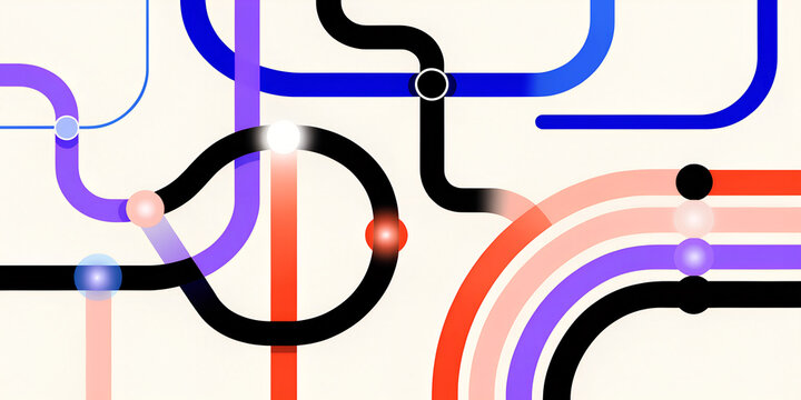 A modern abstract visualization of interconnected pathways featuring vibrant glowing nodes. This clean design represents network connectivity, communication, and digital infrastructure in a sleek styl