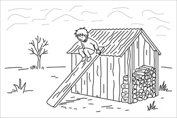 Boy climbing shed colouring page illustration fun activity for kids educational printable art