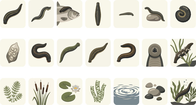 Leeches and Freshwater Ecosystem Vector Icon Set with Aquatic Plants