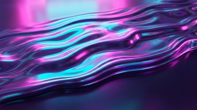Mesmerizing holographic liquid metal ripples capturing vibrant neon pink and blue reflections. This futuristic abstract texture adds a sleek, modern touch to digital design and creative background pro