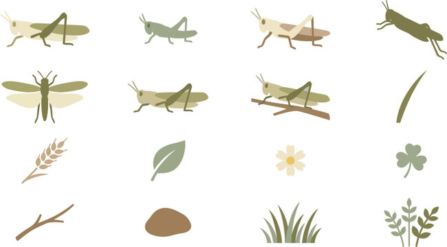 Grasshopper and Locust Vector Elements Set with Leaves, Plants, and Twigs