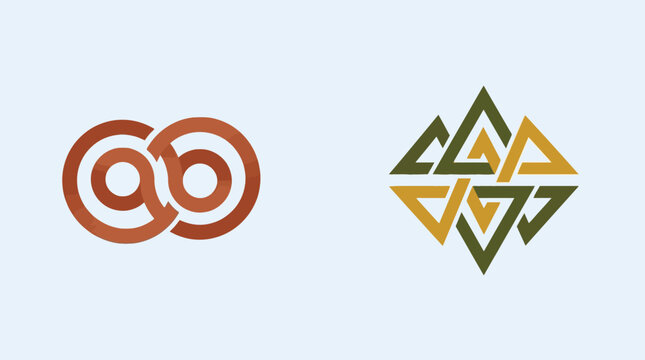 Two abstract geometric logos on a light blue background, one with interlocking circles in red, the other with overlapping triangles in green and yellow.