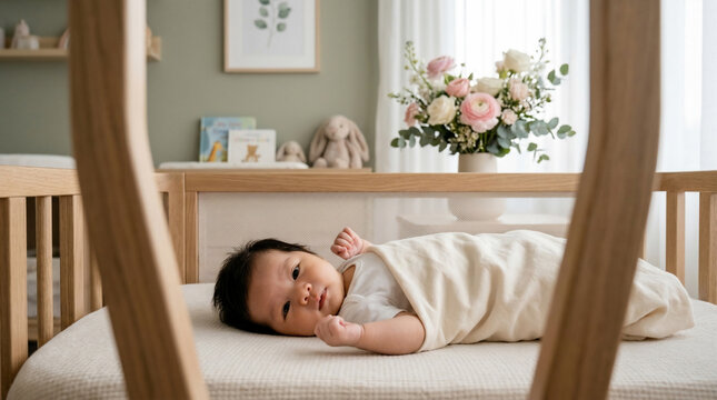 Gentle concept of a peaceful newborn infant resting in a minimalist wooden crib inside a serene and bright nursery room