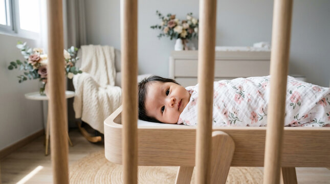 Sweet newborn baby wrapped in floral swaddle blanket lying in a modern wooden crib inside a cozy nursery