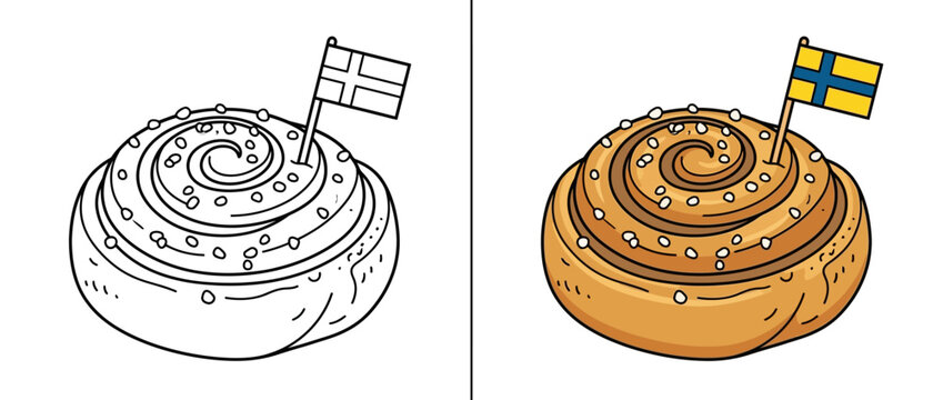 Swedish Cinnamon Bun with Flag Coloring Page