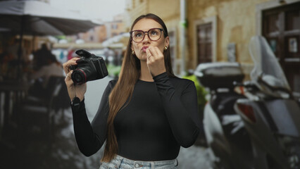 Fototapeta premium Woman holding a dslr camera and making a pinched fingers gesture while smiling amid a crowded street market with scooters and cafe tables; creative joy.