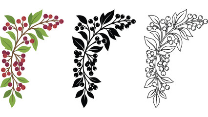 Autumn berry branch corner design. Seasonal floral border element with leaves and berries. © Mahraz