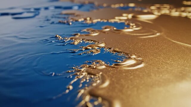 Macro shot of viscous metallic gold liquid flowing alongside smooth deep blue fluid, forming a jagged border resembling a coastal map or shoreline with shallow depth of field.