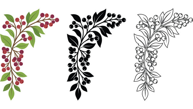 Autumn berry branch corner design. Seasonal floral border element with leaves and berries.