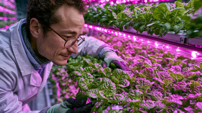 A scientist in a white coat examines young lettuce sprouts under pink LED lighting. Vertical farming, hydroponics and smart agtech concept. Lifestyle shot for poster, presentation 
